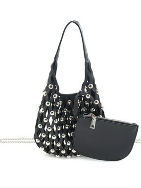 BC Bags Black Lattice Faux Leather with Silver Studded Shoulder Bag with Pouch
